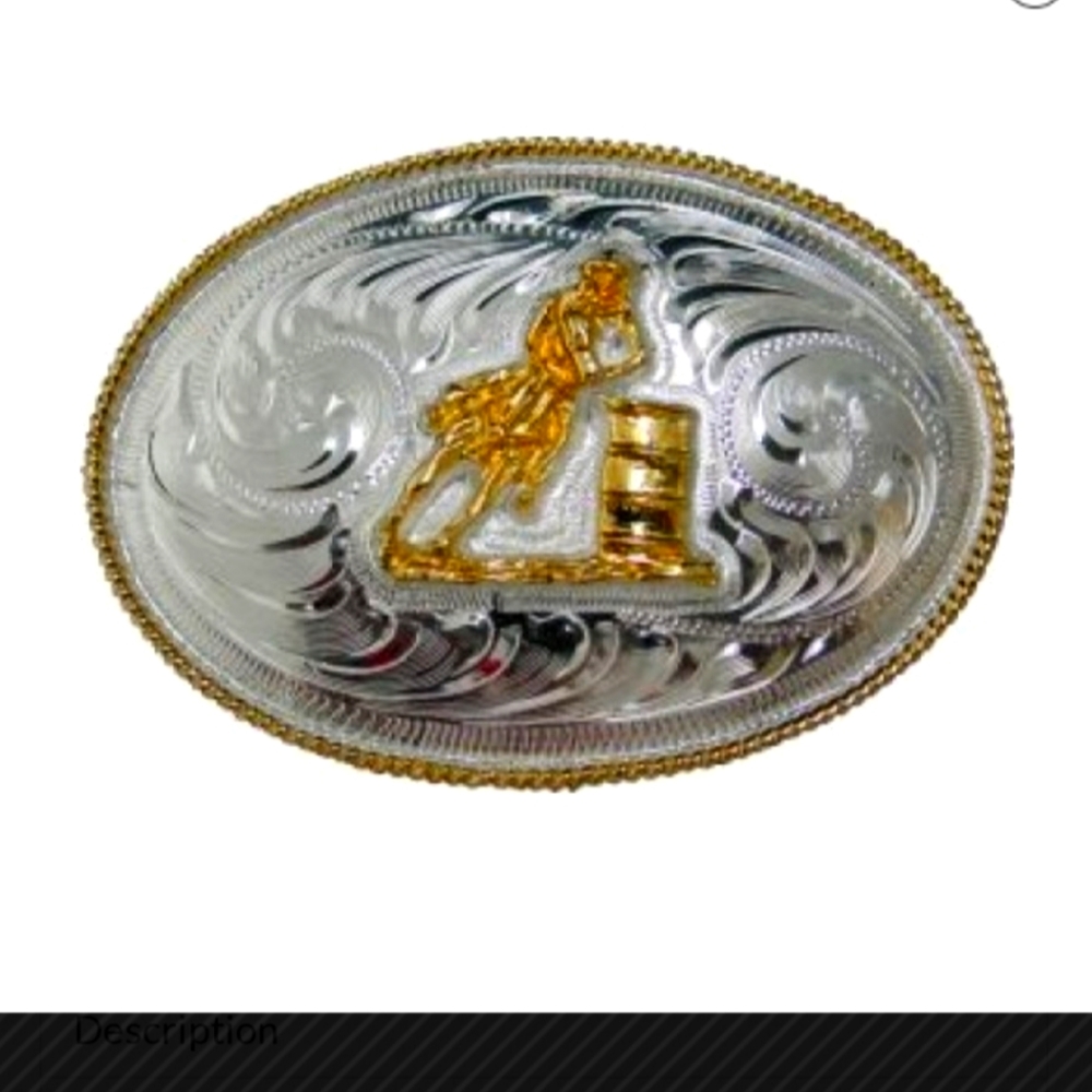 Vintage BARRLE RACING Trophy Belt Buckle & Belt Stamped Mexico Silver Gold Blank